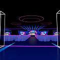 Neon Lit Corridor With Glowing Line Frames Colorful Walls And People Walking