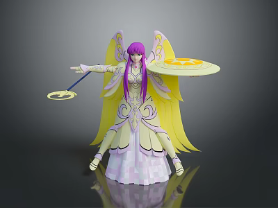 Fantasy Angelic Character With Purple Hair Yellow Wings Elegant Outfit And Staff 3d model