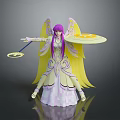 Fantasy Angelic Character With Purple Hair Yellow Wings Elegant Outfit And Staff