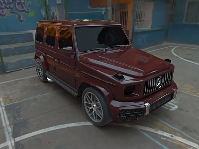 Red Mercedes Benz G Class SUV Parked In Parking Lot Next To Blue Building With Graffiti 3d model