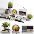 Stylish Modern Decorative Ornament Combination With Radio Book Glasses Potted Plants And Clock