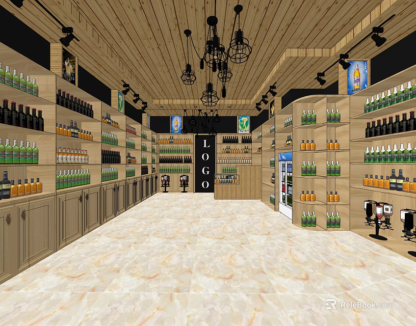 Beverage Shop Interior With Shelves Bottles Wooden Ceiling Pendant Lights And Marble Floor 3d model 