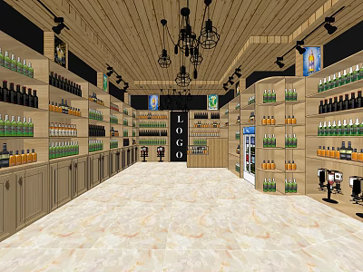 Beverage Shop Interior With Shelves Bottles Wooden Ceiling Pendant Lights And Marble Floor 3d model