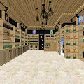 Beverage Shop Interior With Shelves Bottles Wooden Ceiling Pendant Lights And Marble Floor