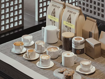 Stylish Coffee Cups With Coffee Pot Jars Cookies And Packaging On Table 3d model