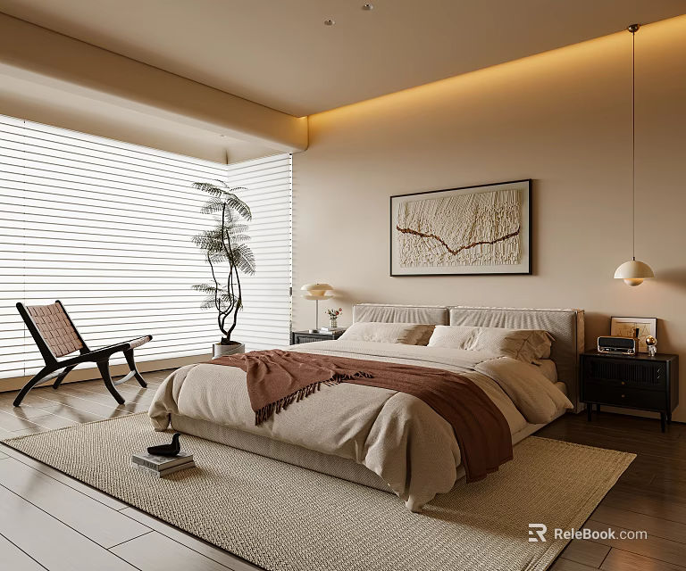 Cozy Modern Bedroom Interior With Beige Bed Brown Blanket Nightstand Table Lamp Blinds And Plant 3d model 