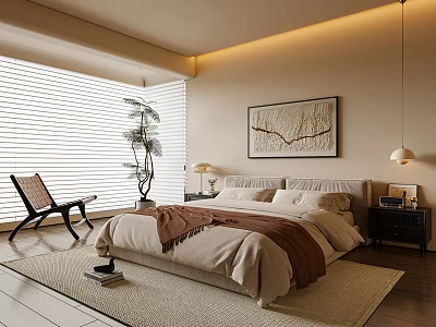 Cozy Modern Bedroom Interior With Beige Bed Brown Blanket Nightstand Table Lamp Blinds And Plant 3d model