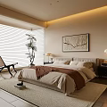 Cozy Modern Bedroom Interior With Beige Bed Brown Blanket Nightstand Table Lamp Blinds And Plant
