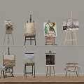Art Studio Scene with Wooden Easels Various Paintings Shelves and Painting Supplies