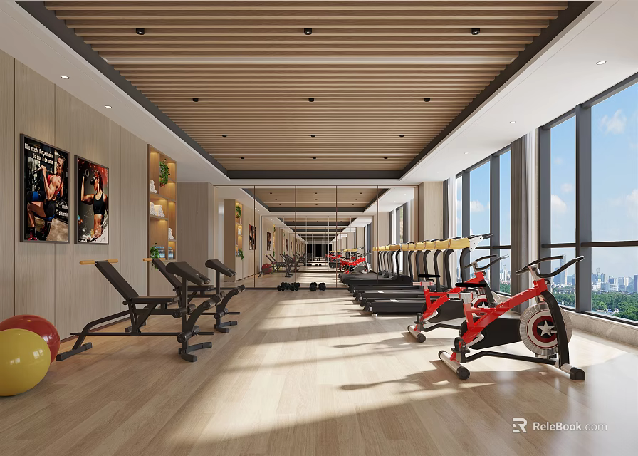 Modern Gym Workout Space With Treadmills Dumbbell Benches Wooden Flooring And Bright Windows 3d model 