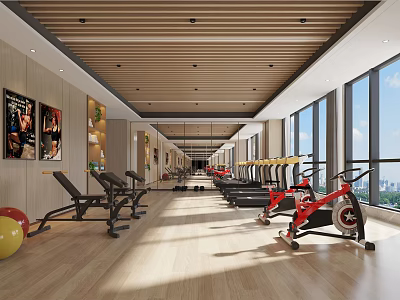 Modern Gym Workout Space With Treadmills Dumbbell Benches Wooden Flooring And Bright Windows 3d model