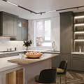 Elegant Modern Kitchen Interior With Gray Cabinets Wooden Island And White Countertop