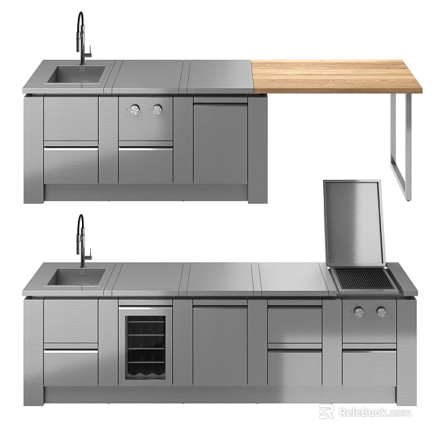 Modern Stainless Steel Kitchen Cabinets With Wooden Countertop Sink And Faucet 3d model 