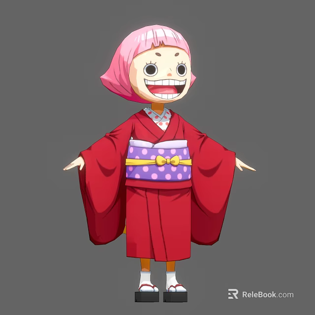 Cartoon Woman In Red Kimono With Pink Hair Purple Polka Dot Belt And Yellow Bow 3d model 