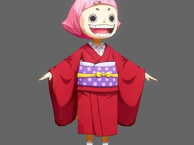 Cartoon Woman In Red Kimono With Pink Hair Purple Polka Dot Belt And Yellow Bow 3d model