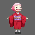 Cartoon Woman In Red Kimono With Pink Hair Purple Polka Dot Belt And Yellow Bow