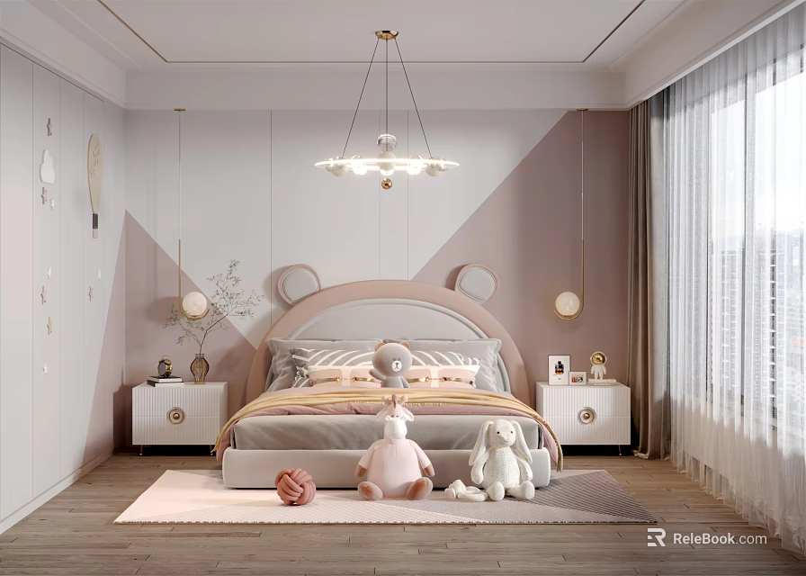 Cute Children's Bedroom with Bear Ear Headboard Plush Toys and Soft Pink White Walls 3d model 