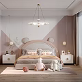Cute Children's Bedroom with Bear Ear Headboard Plush Toys and Soft Pink White Walls