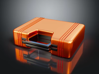 Square Shaped Shiny Orange Striped Suitcase With Black Handle On Reflective Surface 3d model