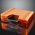Square Shaped Shiny Orange Striped Suitcase With Black Handle On Reflective Surface 3d model