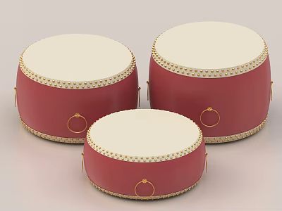 Set Of Three Traditional Red Drums With White Heads And Gold Rings 3d model