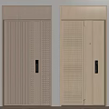 Wooden Security Door in Light Wood Color with Vertical Stripes Grid Pattern and Black Handle 3d model