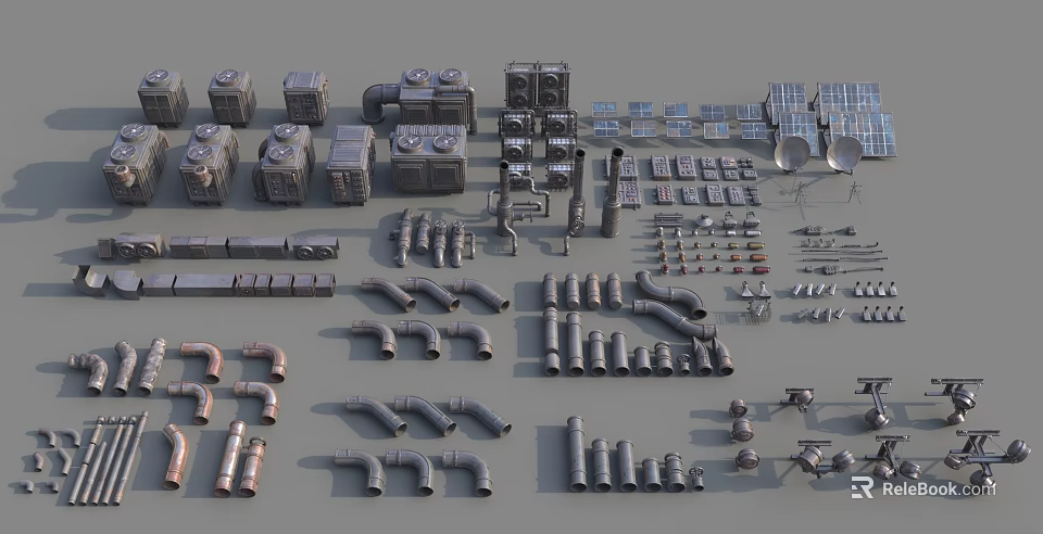 Industrial Equipment Diverse Mechanical Components Including Pipes Valves And Solar Panels 3d model 