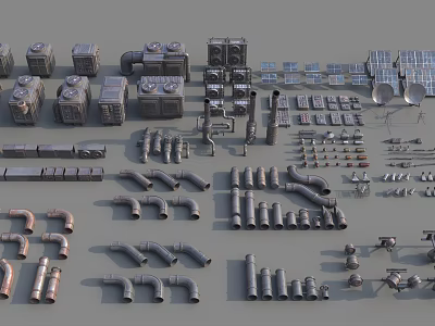 Industrial Equipment Diverse Mechanical Components Including Pipes Valves And Solar Panels 3d model