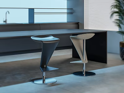 Modern Sleek Bar Stools In Contemporary Kitchen With Metal Base And Bar Counter 3d model