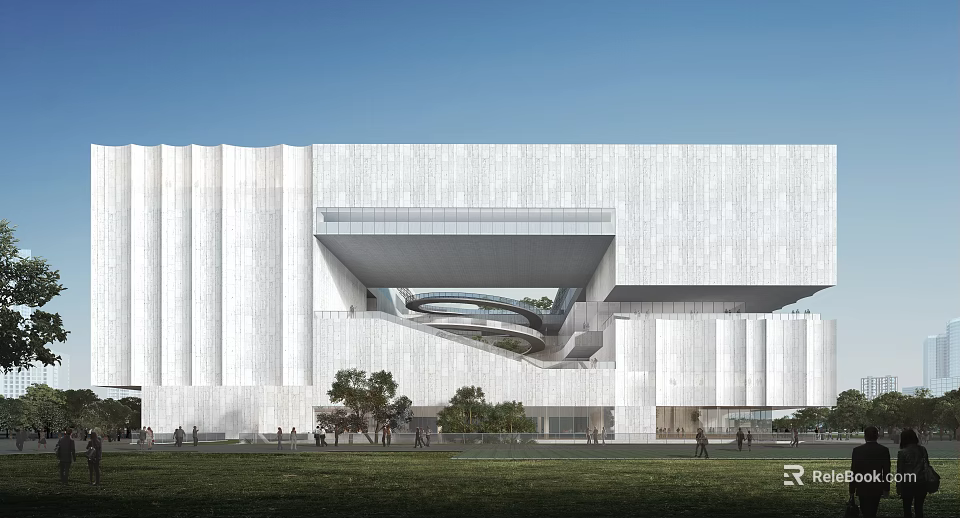 Modern Museum Building With White Stone Facade Overhanging Structure And Surrounding Greenery 3d model 
