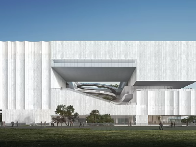 Modern Museum Building With White Stone Facade Overhanging Structure And Surrounding Greenery 3d model