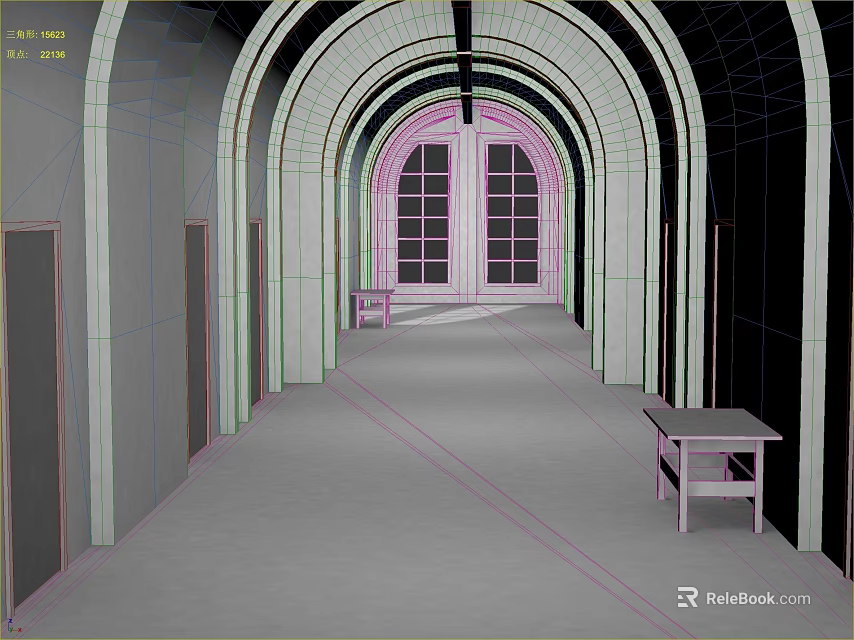 Elevator Hallway Interior With Archway Design Large Windows And Wooden Tables 3d model 