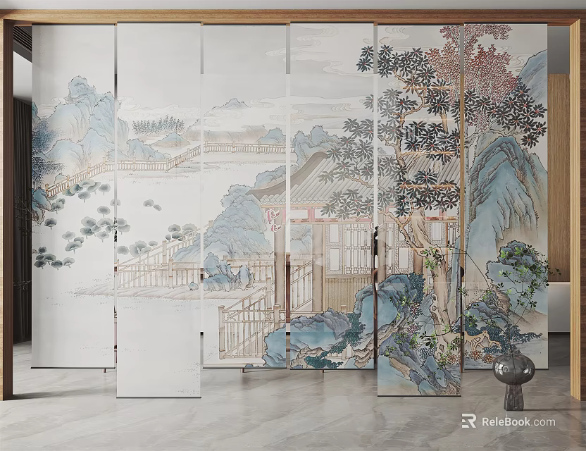 Elegant Chinese Landscape Pattern Blinds With White Table And Black Decor 3d model 