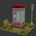 Scene With Red Roof Glass Telephone Booth Street Lamp Trash Can On Sandy Grass Ground