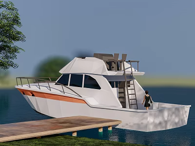 White Yacht Docked At Wooden Pier On Water 3d model