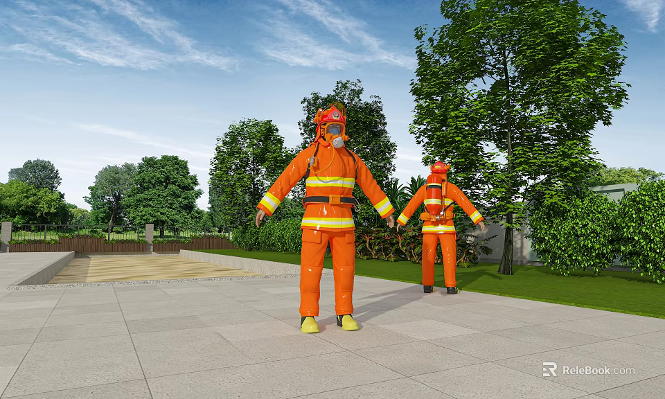 Two Firefighters in Orange Suits Standing Outdoor With Trees and Blue Sky 3d model 