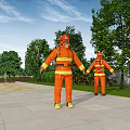 Two Firefighters in Orange Suits Standing Outdoor With Trees and Blue Sky