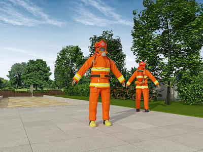 Two Firefighters in Orange Suits Standing Outdoor With Trees and Blue Sky 3d model