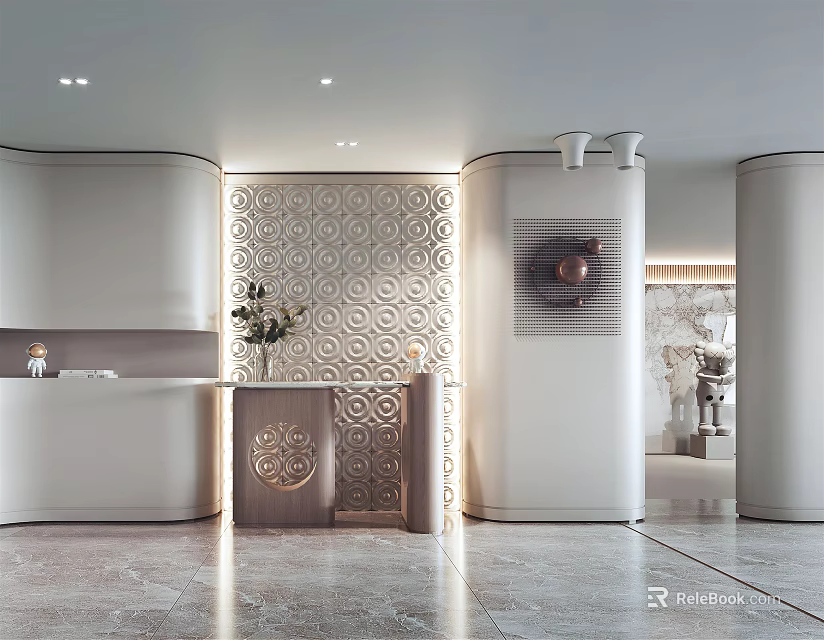 Elegant Modern Entryway Hallway Interior With Round Columns Patterned Wall And Marble Floor 3d model 