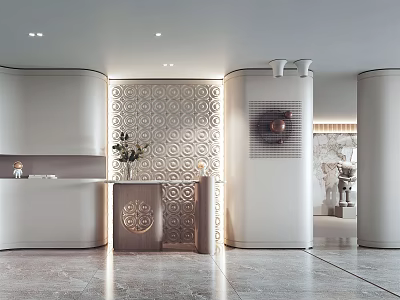 Elegant Modern Entryway Hallway Interior With Round Columns Patterned Wall And Marble Floor 3d model