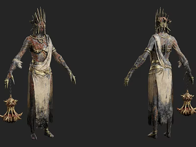 Game Movie Character With Spiked Headdress Tattered Robe Ancient Armor And Lantern 3d model