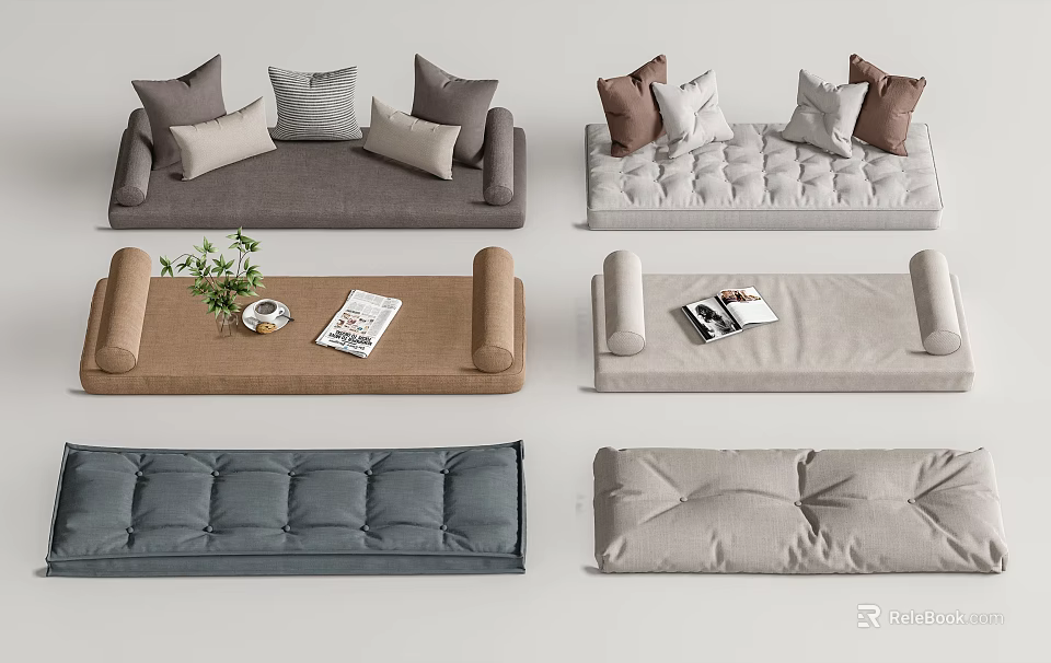 Various Style Comfortable Sofas With Decorative Cushions And Living Room Items 3d model