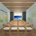 Bright Classroom Interior With Wooden Chairs Rows Large Screen And Wall Decorations 3d model
