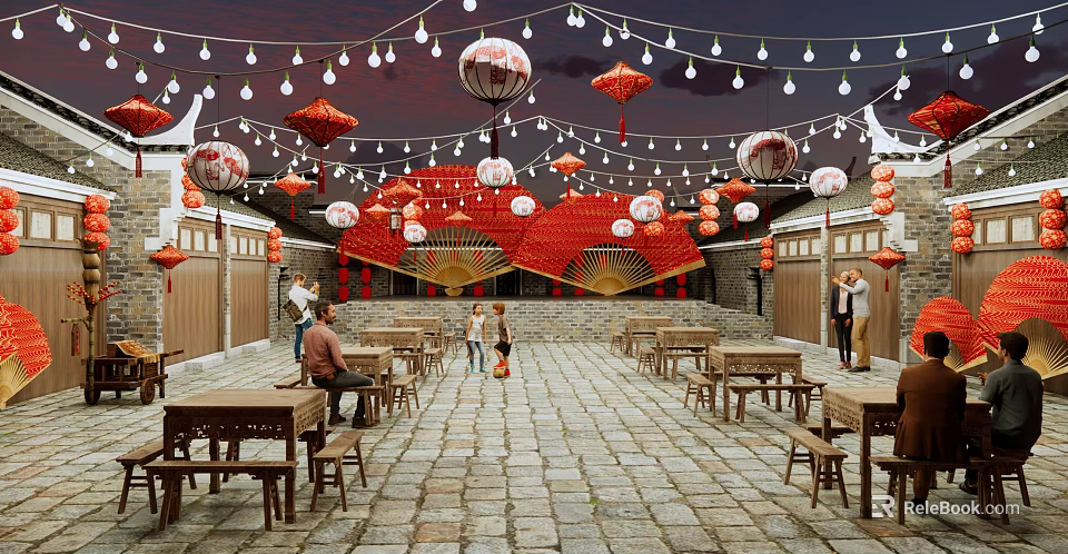 Traditional Commercial Street With Stone Paved Pathway Outdoor Tables Red Lanterns And String Lights 3d model 