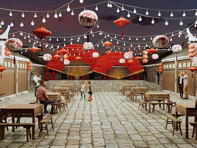 Traditional Commercial Street With Stone Paved Pathway Outdoor Tables Red Lanterns And String Lights 3d model
