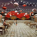 Traditional Commercial Street With Stone Paved Pathway Outdoor Tables Red Lanterns And String Lights
