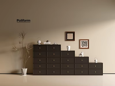 Poliform Black Console Cabinet with Multiple Drawers Decorative Items Plant and Wall Art 3d model