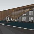Modern Sales Office Building With Curved Metal Facade Glass Curtain Wall And Water Reflection