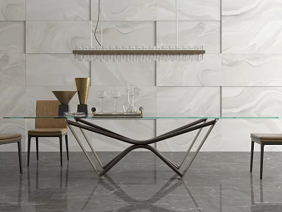 Modern Dining Table Set With Glass Top Crossed Legs Chairs Marble Wall And Pendant Light 3d model