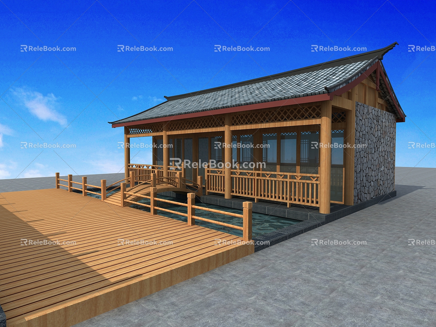 Traditional Chinese Chalet with Waterscape 3d model